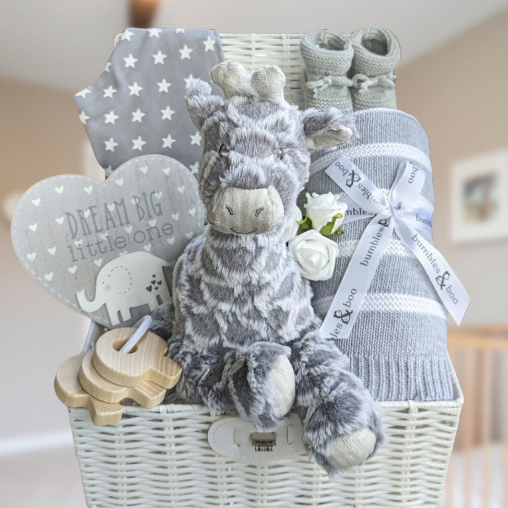 Baby Hamper Basket Grey Giraffe New Baby Gift Hamper Bumbles & Boo