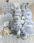 unisex baby hamper in grey and white with giraffe.