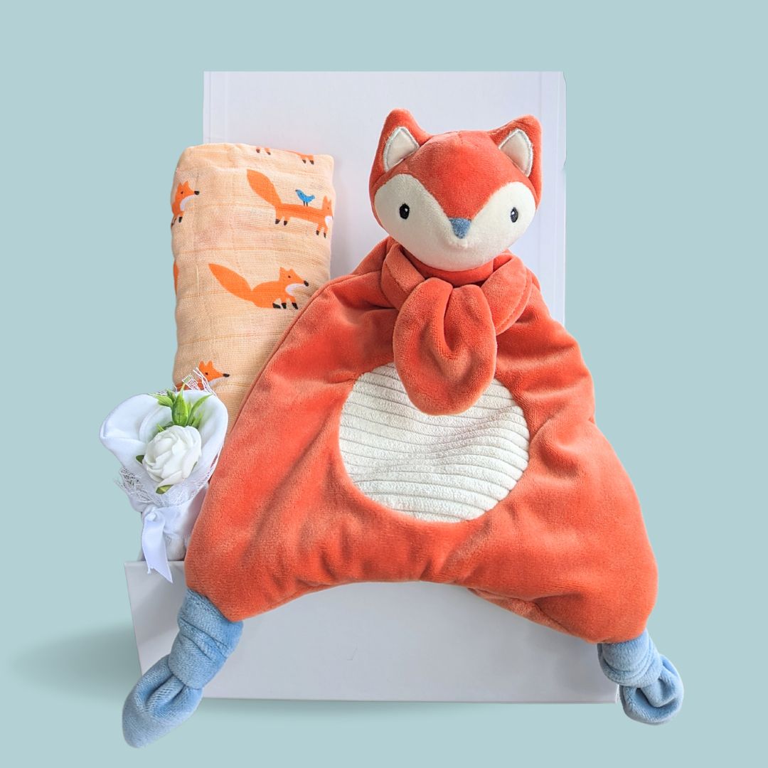 New baby hamper gift with fox comforter and fox muslin wrap. 
