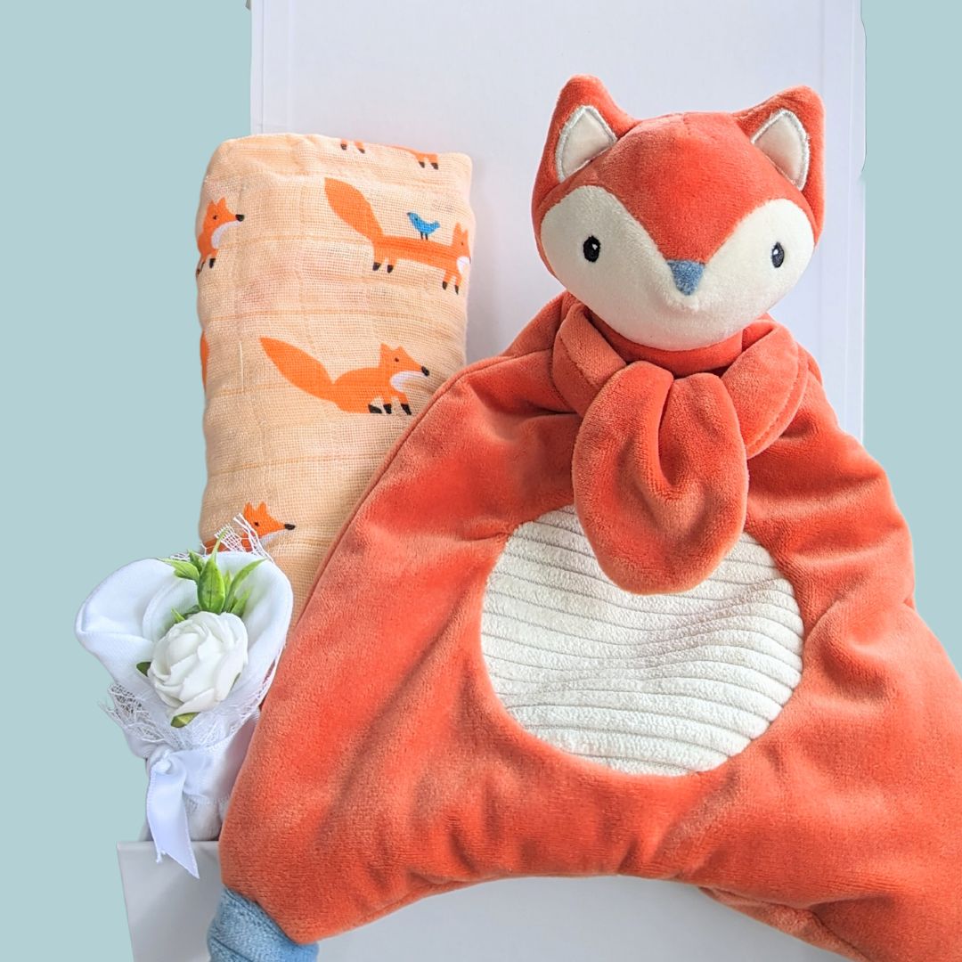New baby hamper gift with fox comforter and fox muslin wrap. 