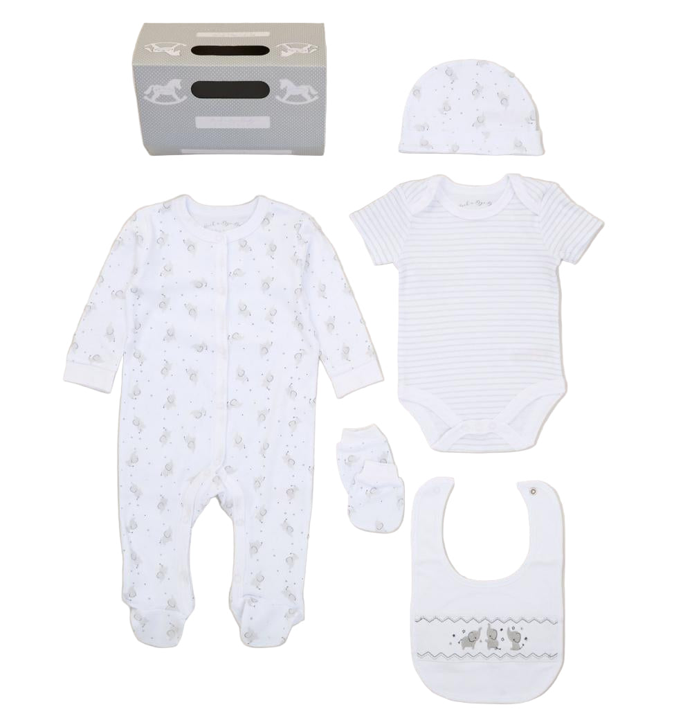 Unisex white sleepsuit with elephant print