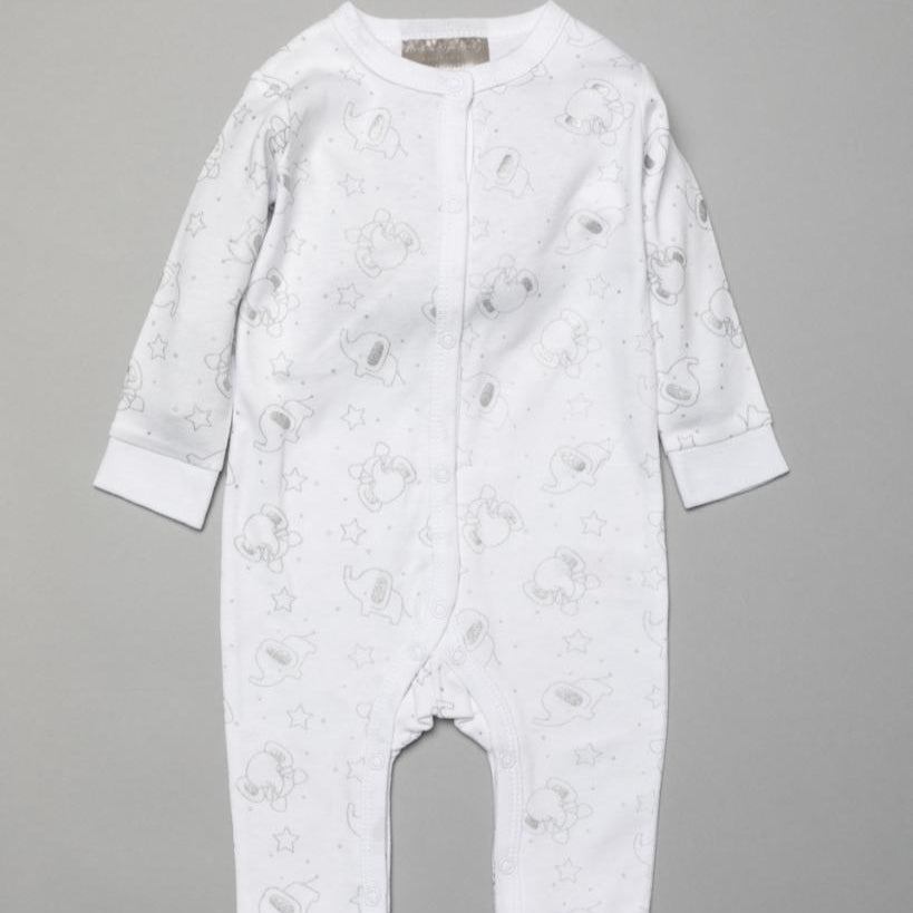 White unisex sleepsuit with elephant design