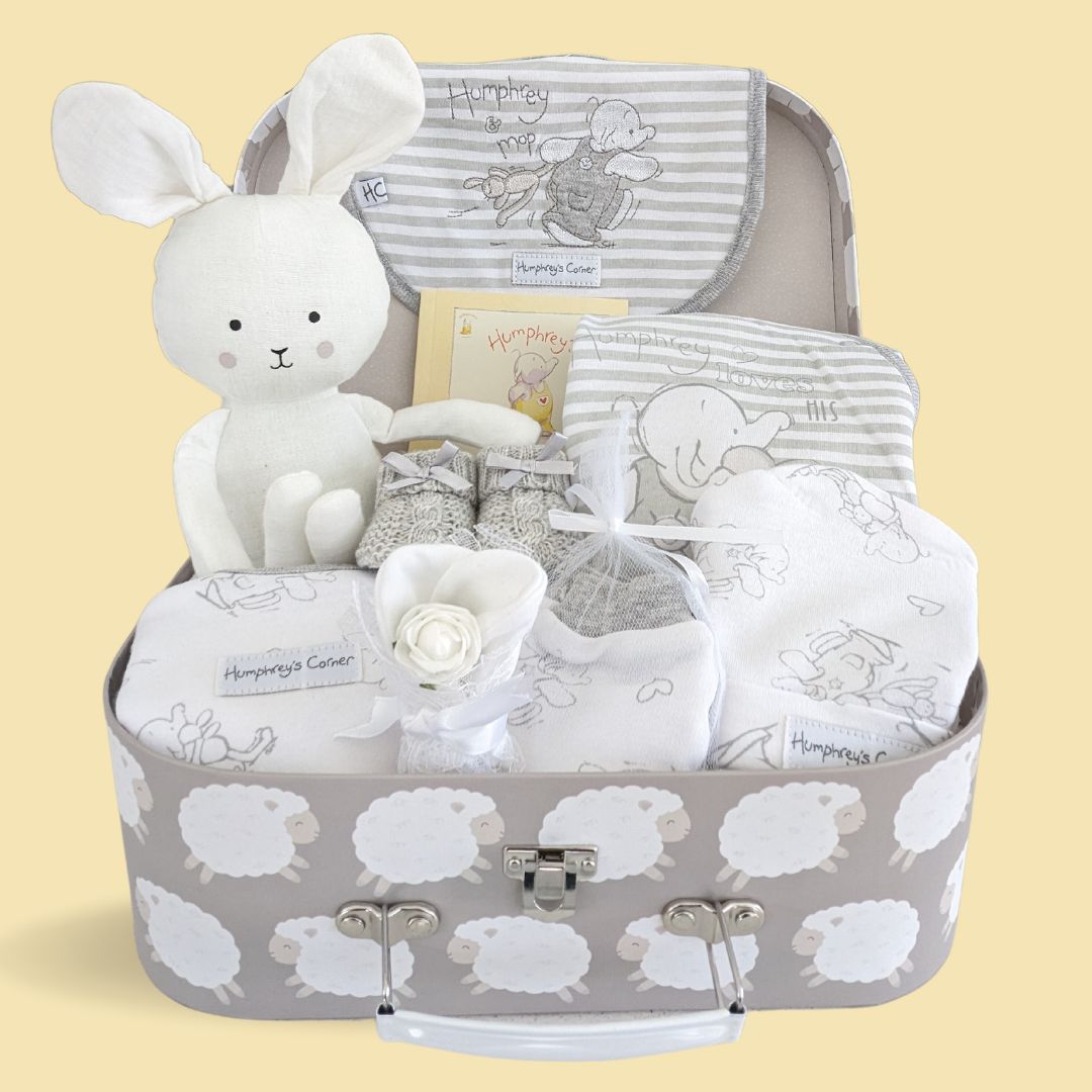 unisex gifts box with clothing set and bunny muslin toy.