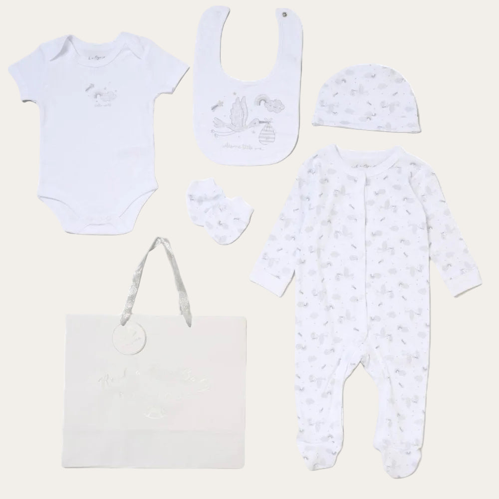 Matching white baby hat from unisex Welcome Little One 5 piece set