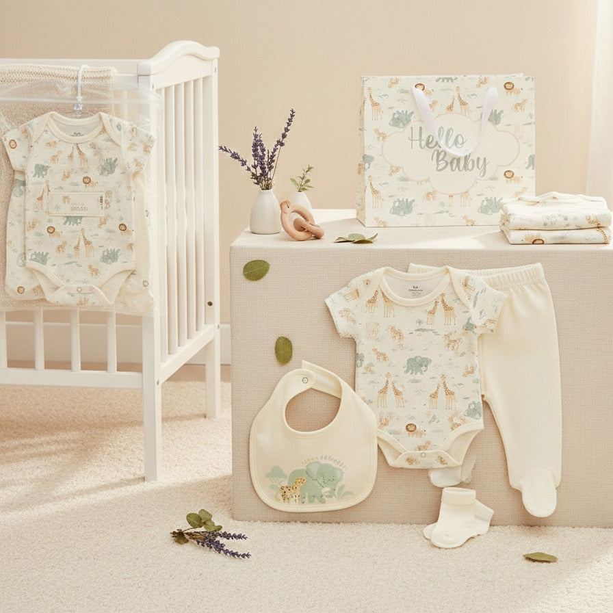 Unsiex baby clothing set featuring safari animals in a neutral tone