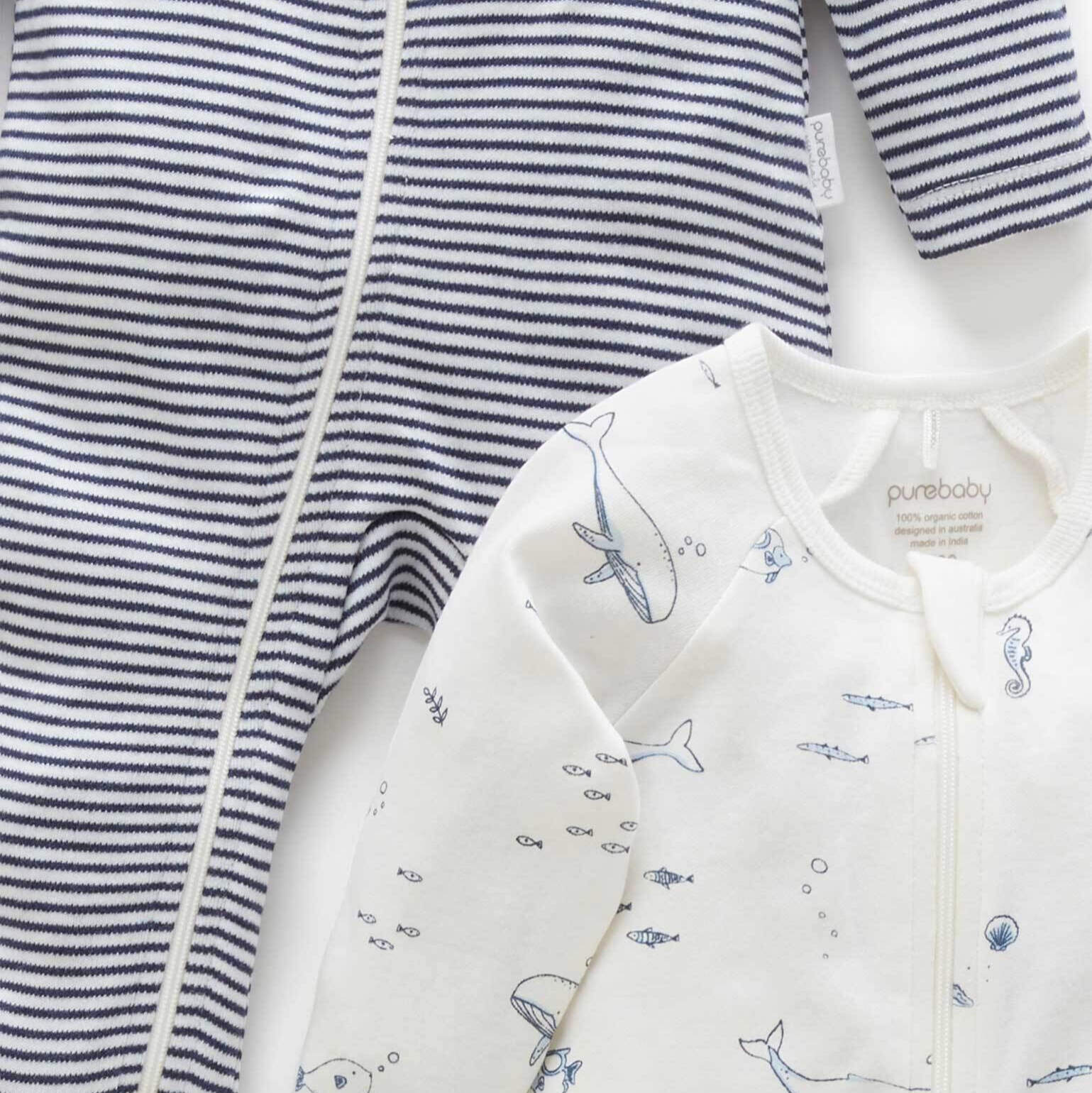 Soft Organic Baby Grow Suits in Vanilla and blue