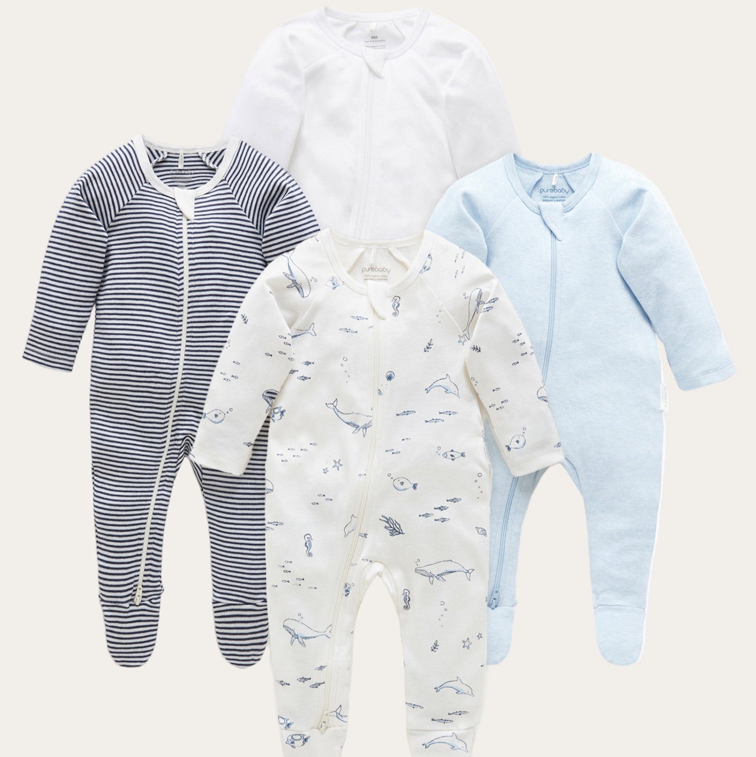 4 Pack Zip Growsuit – Vanilla Nautical Organic Cotton Set
