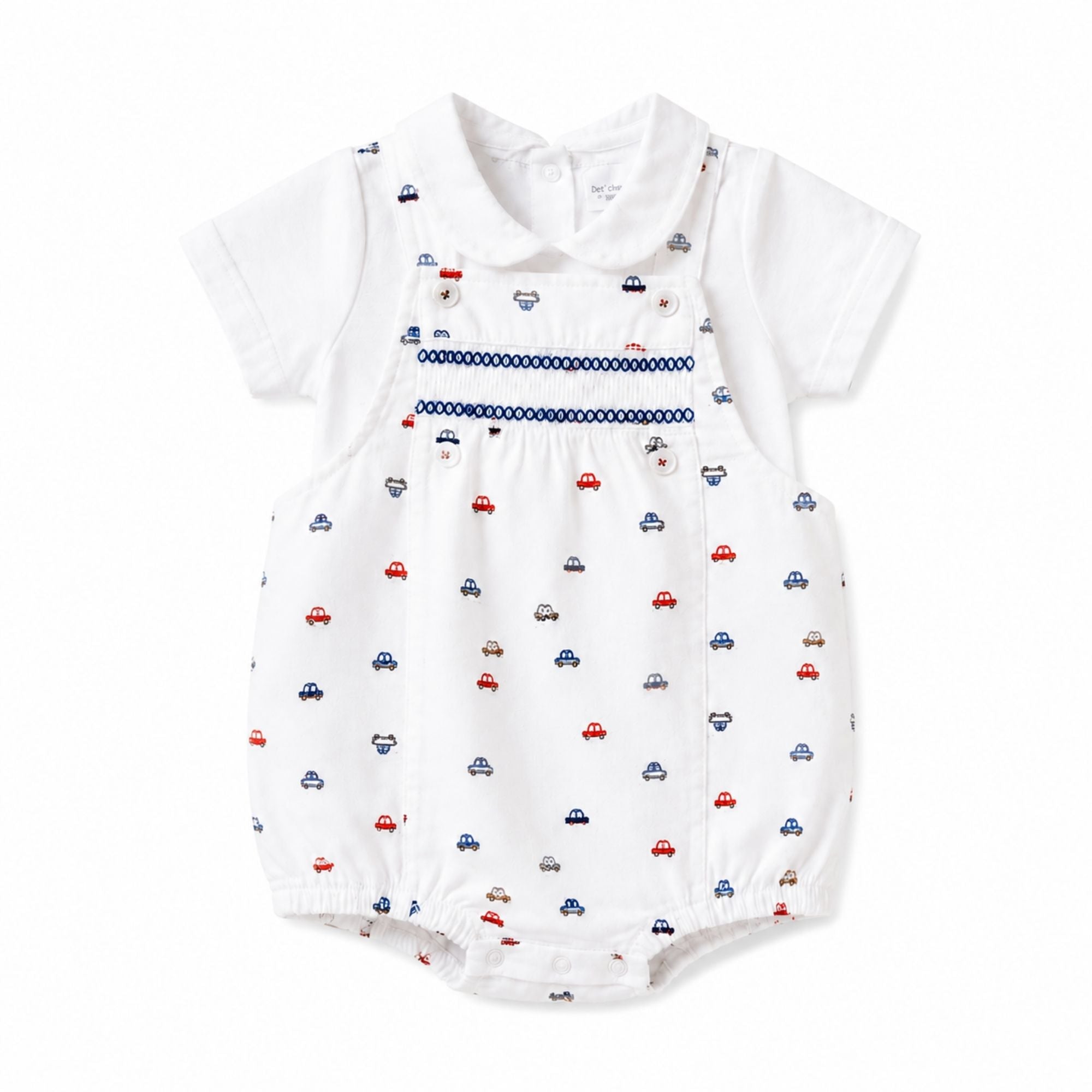 Baby romper with car pattern in white, red and blue