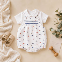 Baby romper with car pattern in white, red and blue