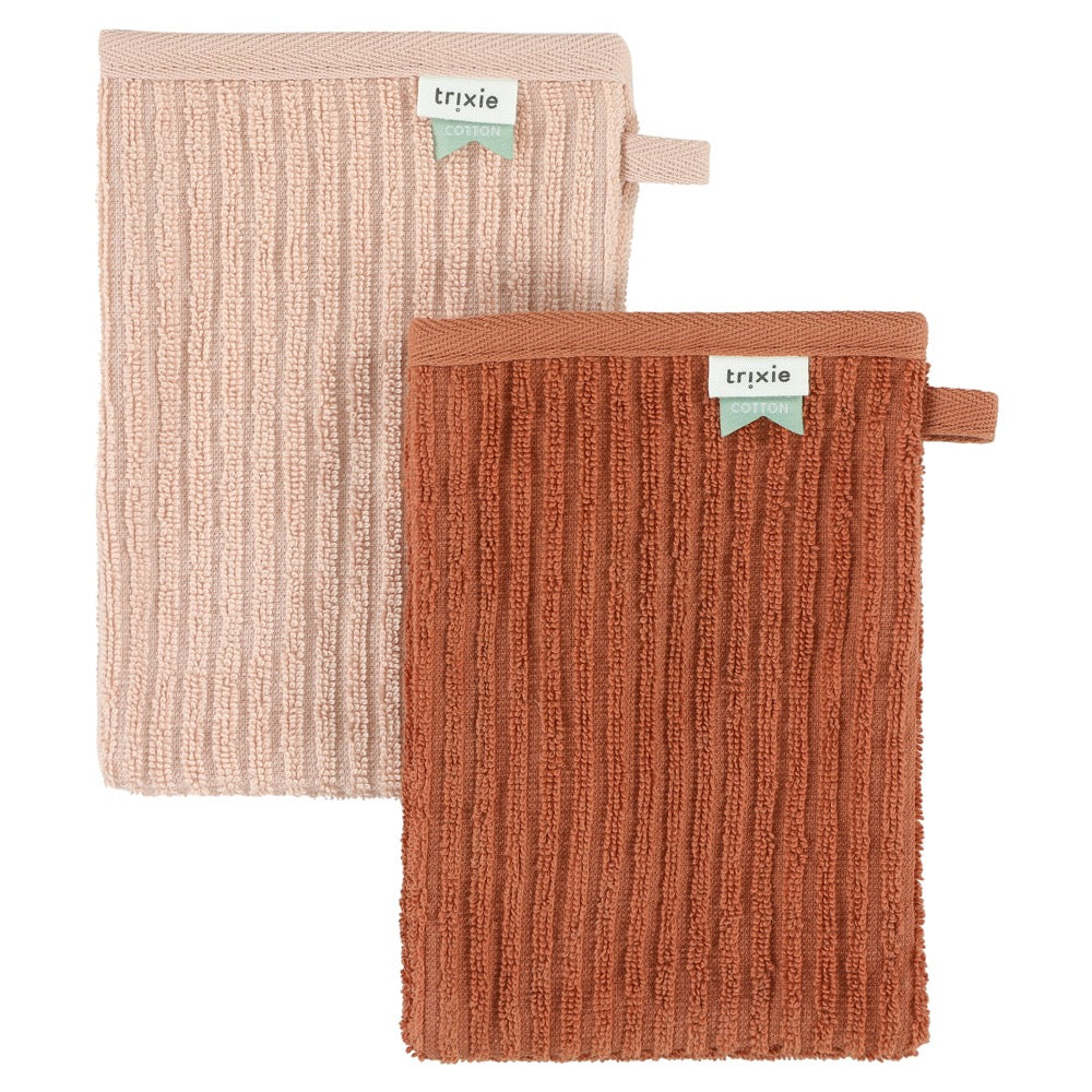two 'Trixie' wash cloths in burnt orange and pale pink