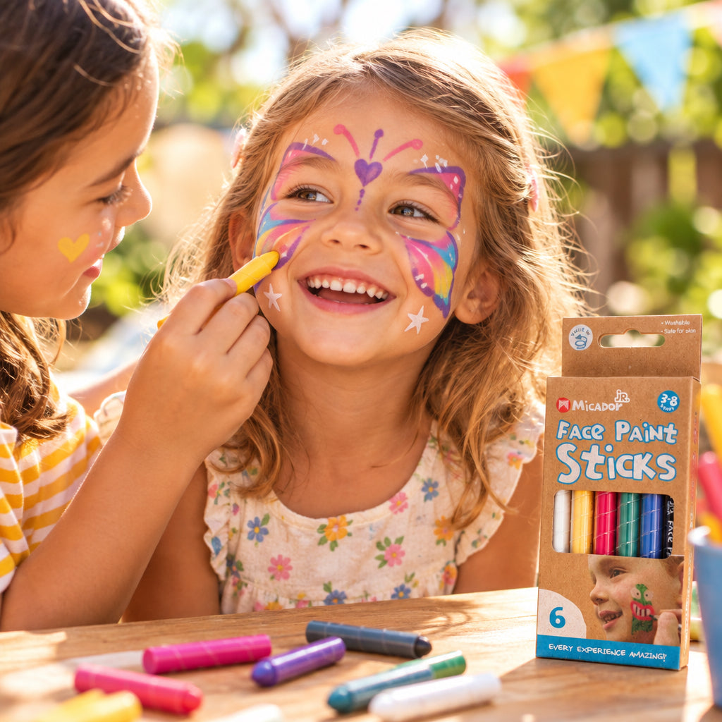 Child having a butterfly face design applied with a yellow paint stick beside a six-colour face paint pack.
