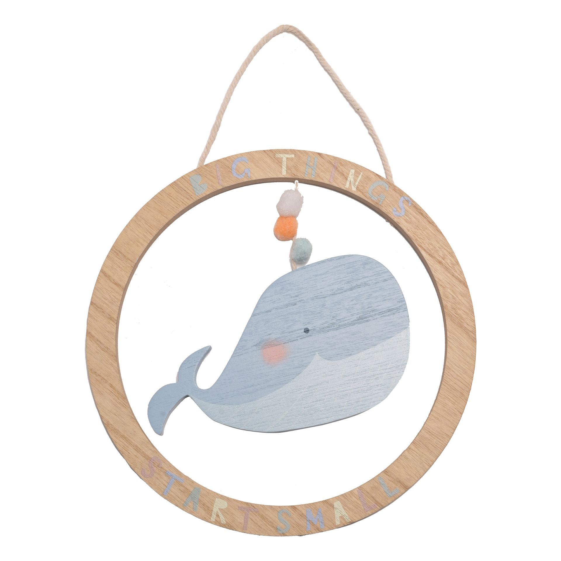 This Whale plaque features a beautiful blue whale with string hanger, and the inspirational message ‘Big Things Start Small’ stands out in a clean white font against the wooden background. 