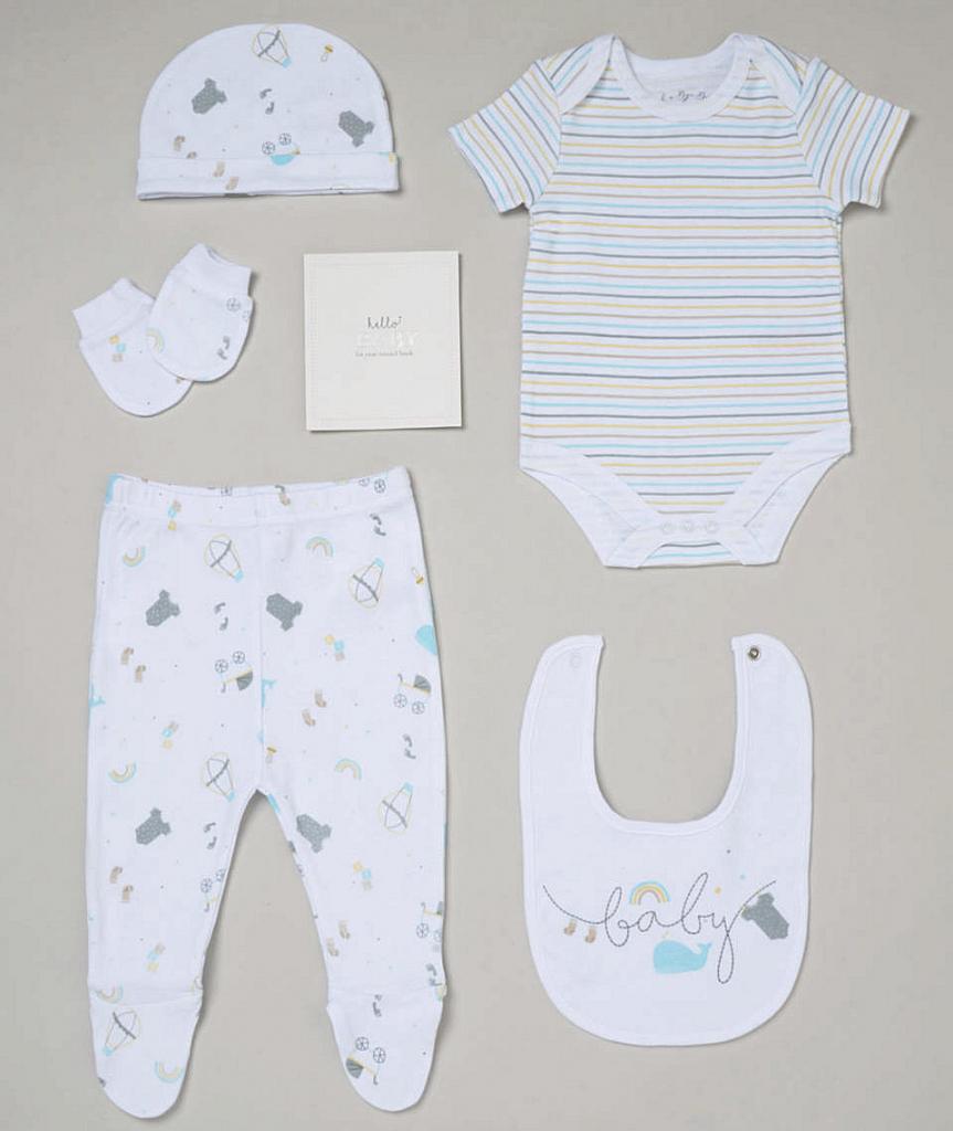 A gift set if unisex baby clothing comprising of trousers, body suit, hat, bib, mittens and boo with a rainbow and whale print