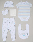 A gift set if unisex baby clothing comprising of trousers, body suit, hat, bib, mittens and boo with a rainbow and whale print