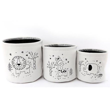 White storage baskets with either lion, giraffe or elephant designs in black