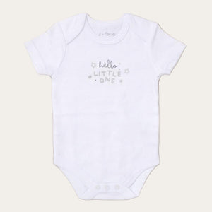 White cotton bodysuit with Hello Little One message