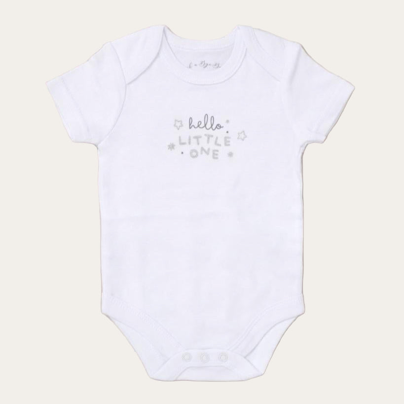 White cotton bodysuit with Hello Little One message