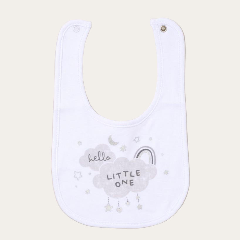 Baby bib with 'hello little one' text on a cloud