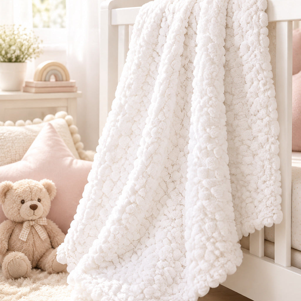 White baby coral fleece wrap measuring 75 x 90 cm