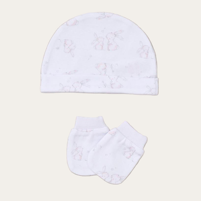 White baby hat and scratch mittens set with bunny pattern