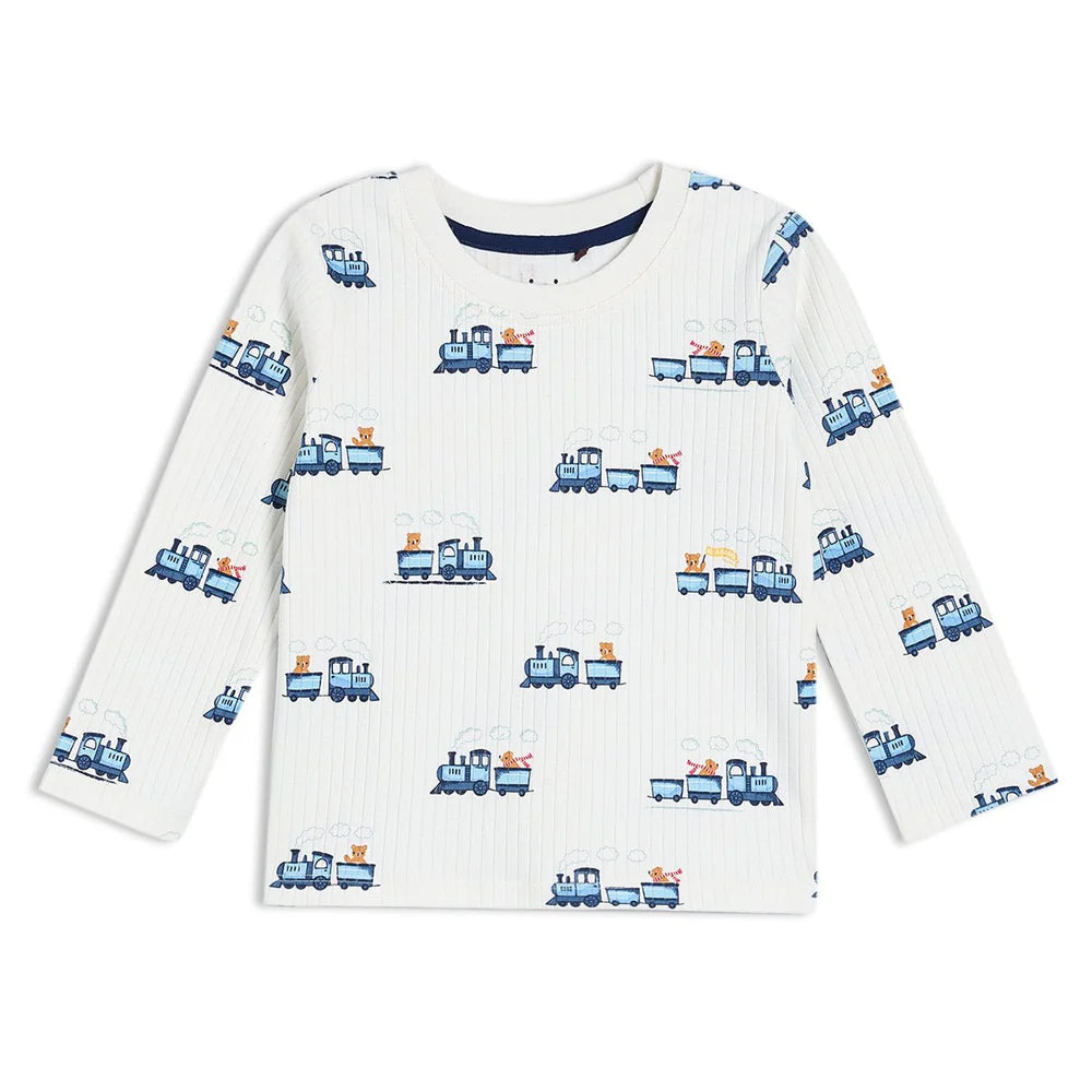 White long sleeve baby T-shirt with an all-over blue train print.