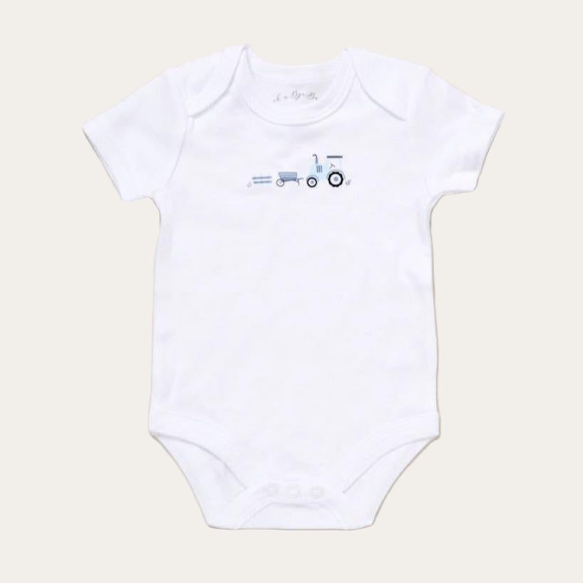 White baby bodysuit with tractor motif
