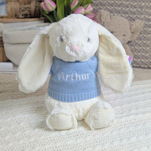white bunny with a personalised blue jumper