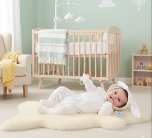 White bunny ears baby all in one sleepsuit with hood and zip fastening. Soft cotton baby clothes for newborn comfort