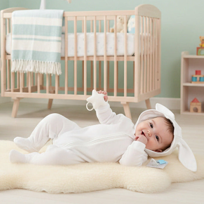 White bunny ears baby all in one sleepsuit with hood and zip fastening. Soft cotton baby clothes for newborn comfort