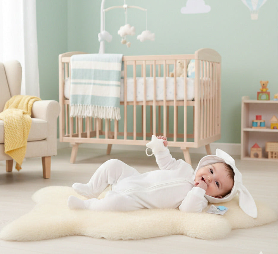 White bunny ears baby all in one sleepsuit with hood and zip fastening. Soft cotton baby clothes for newborn comfort