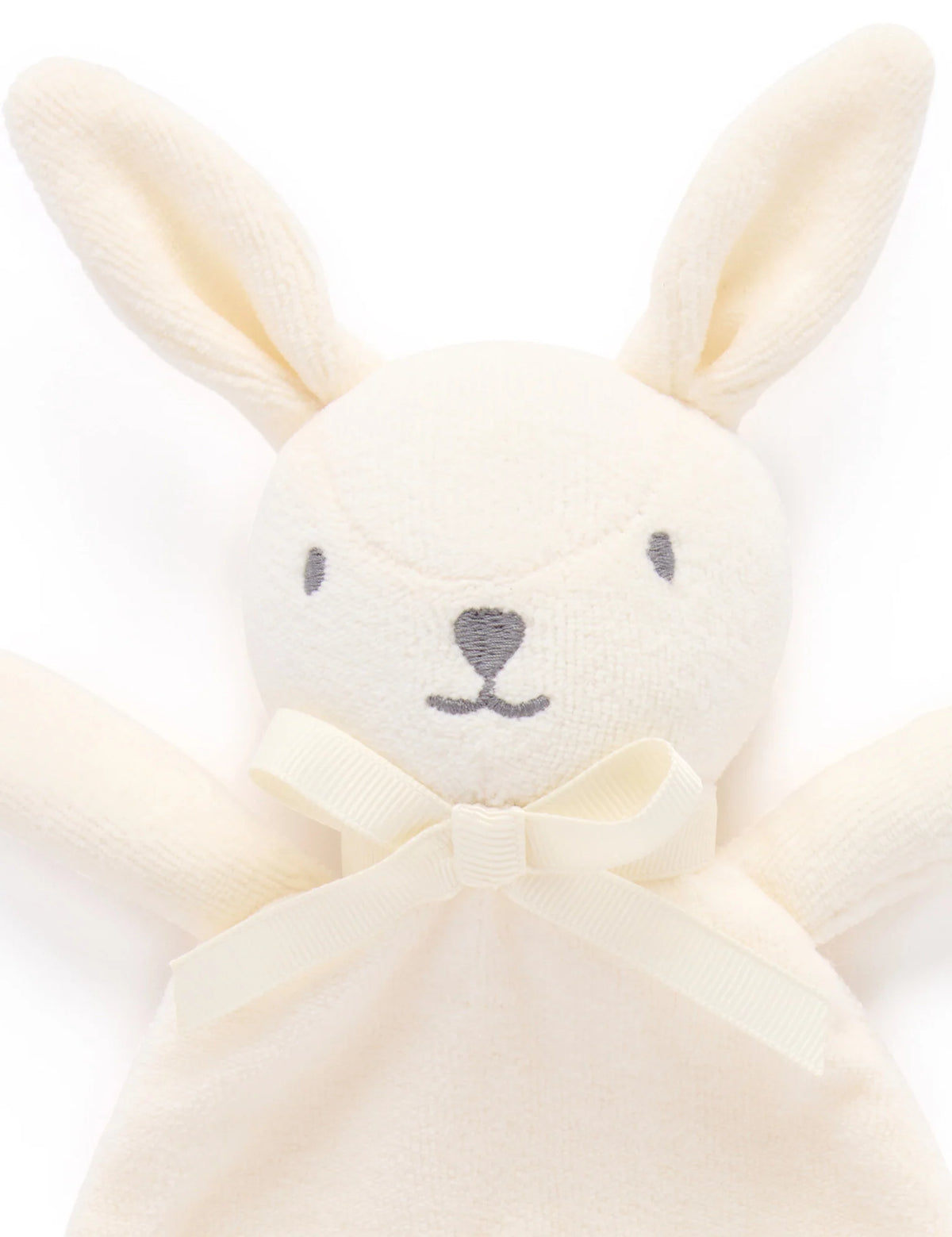 White rabbit baby comforter with ribbon tabs and textured fabric