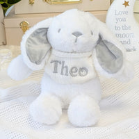 White and grey bunny rabbit with a personalised name on a jumper