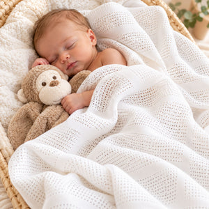 A white cellular baby blanket covering a newborn baby