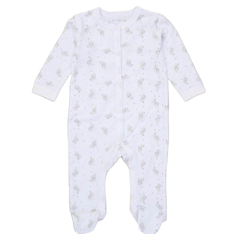 White cotton baby sleepsuit. This onsie has an elephant pattern