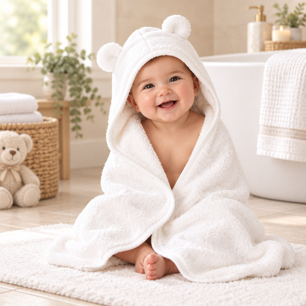 White cotton hooded baby towel with ears measuring 75 x 75 cm