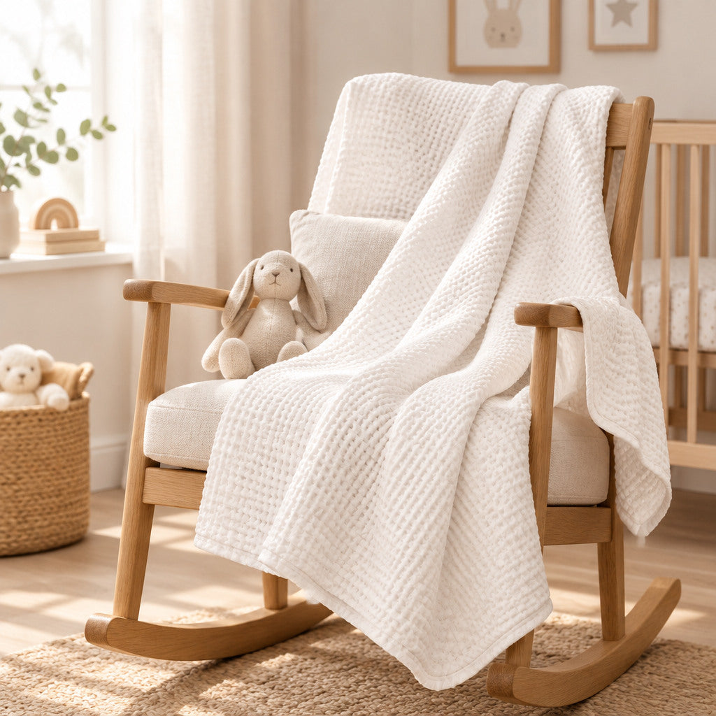 White waffle-textured baby blanket with bound edges draped over a wooden rocking chair beside a plush bunny.
