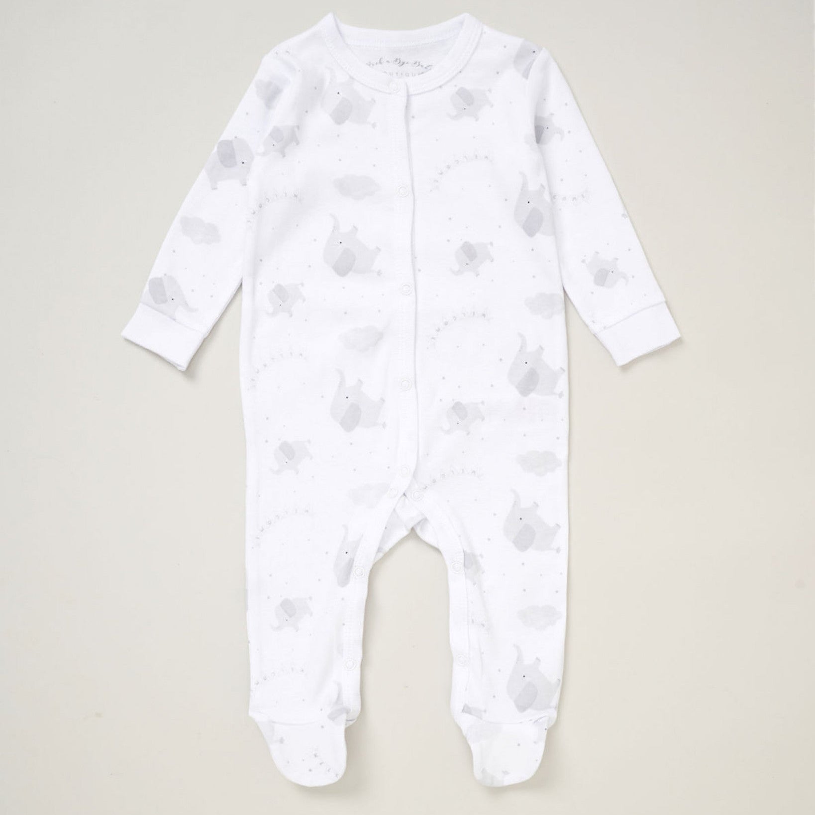 White long sleeve sleepsuit with all over grey elephant print