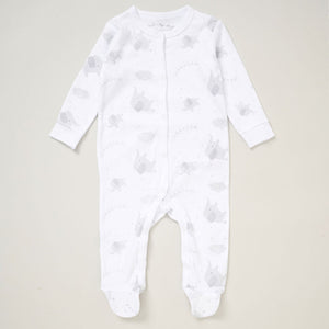 White long sleeve sleepsuit with all over grey elephant print