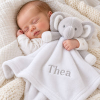 Personalisable White and Grey Elephant Comforter Soother Baby Comforter.