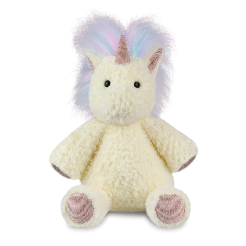 White soft toy unicorn with rainbow coloured mane 