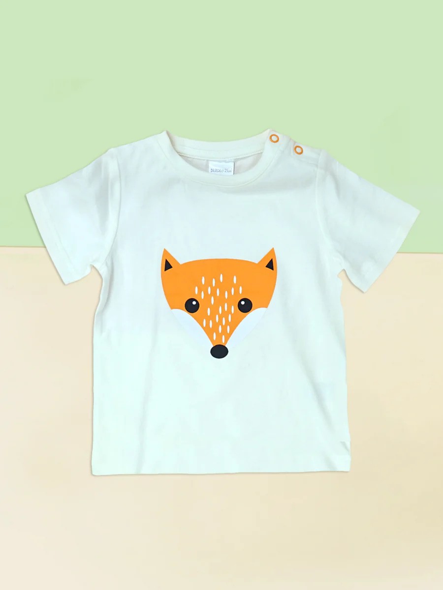 White baby t-shirt with an orange fox design