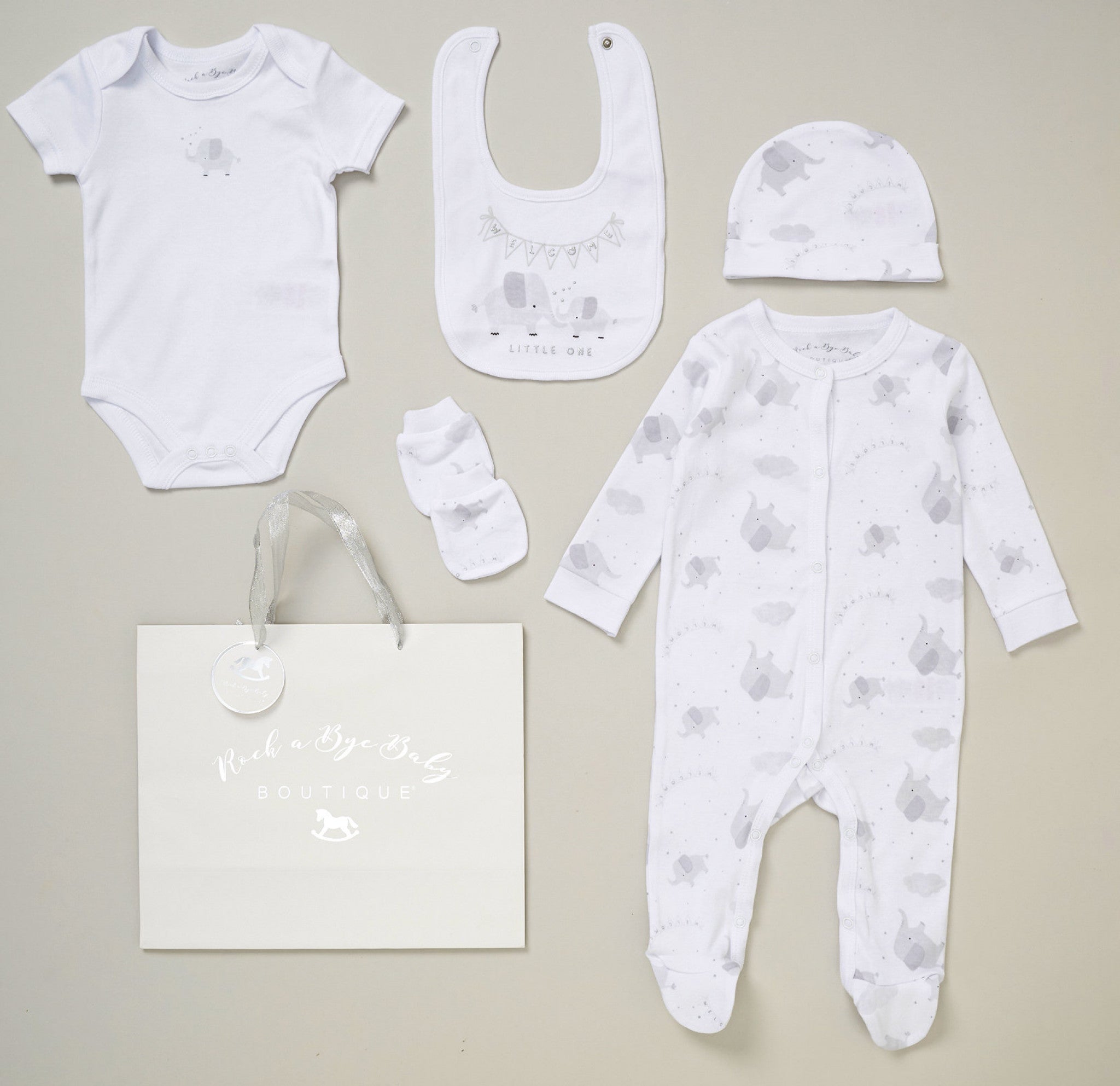 White and grey Little One elephant baby 5 piece clothing set