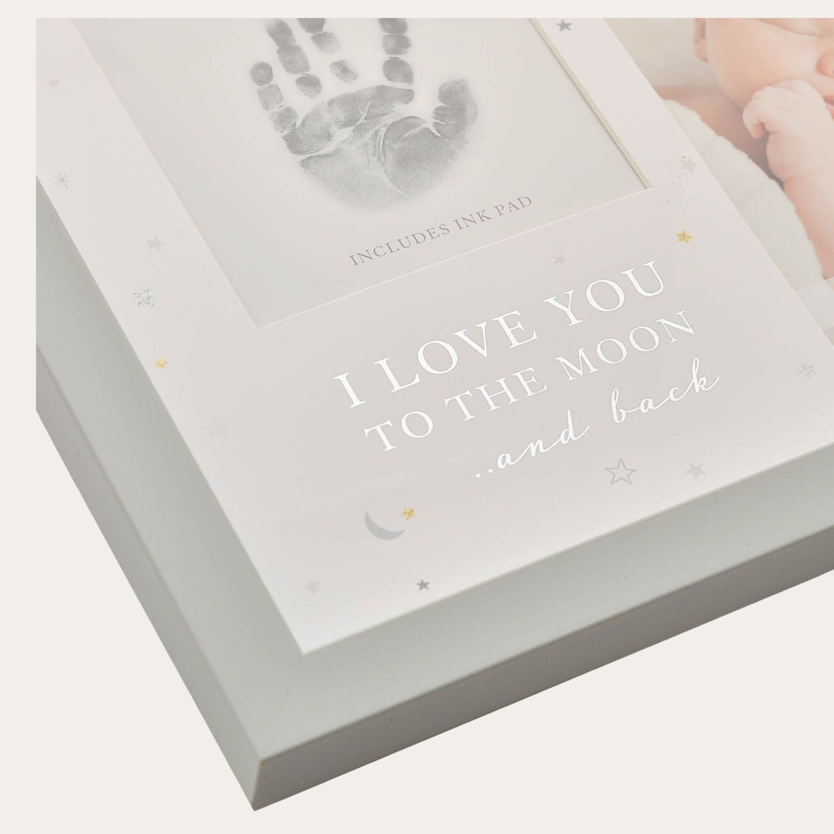 Close-up of the frame’s “I Love You to the Moon and Back” lettering.