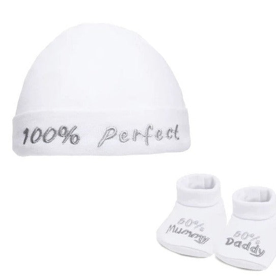 White hat and booties set with silver embroidery reading "100% Perfect", "50% Mummy" and "50% Daddy"