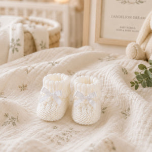 White Check Knit Design Booties with Bow Booties.