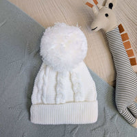 White Recycled Cable Knit Baby Pompom Hat Baby Hat.