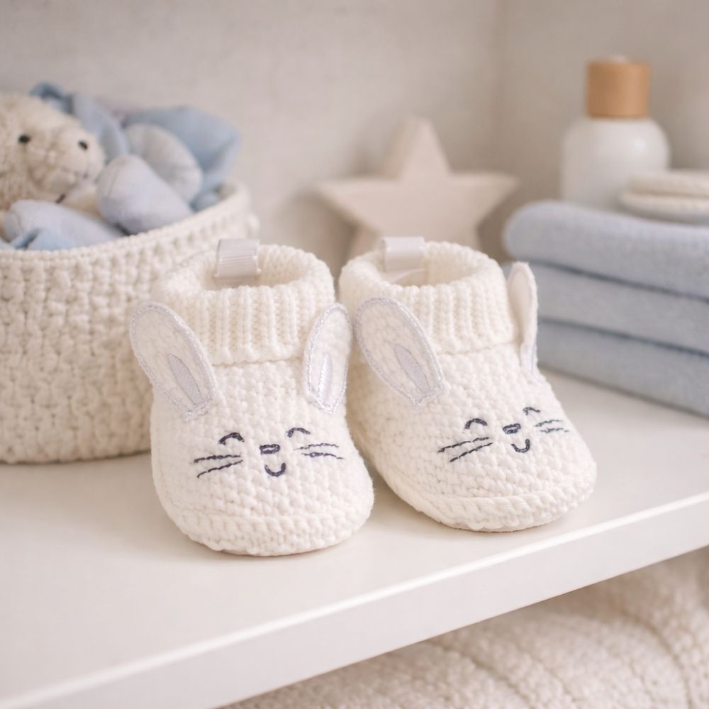 Knitted baby booties with bunny face embroidery and ears in a soft neutral colour, suitable for newborn babies.