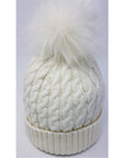 White cable knit pom-pom hat