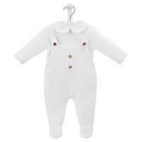 White knitted dungarees and Peter Pan collar jumper displayed together on a hanger.