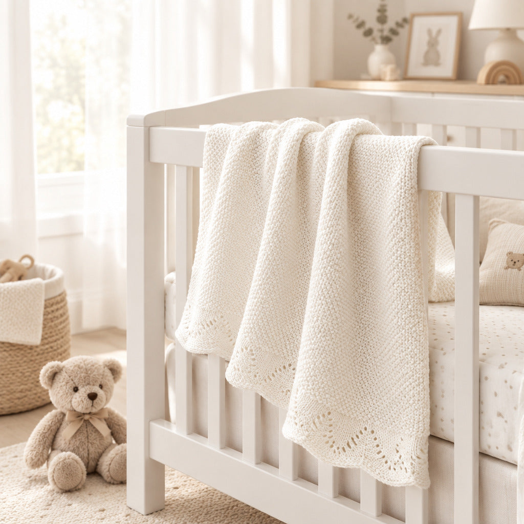 White knitted cotton baby blanket with a decorative openwork border draped over a white cot in a neutral nursery.